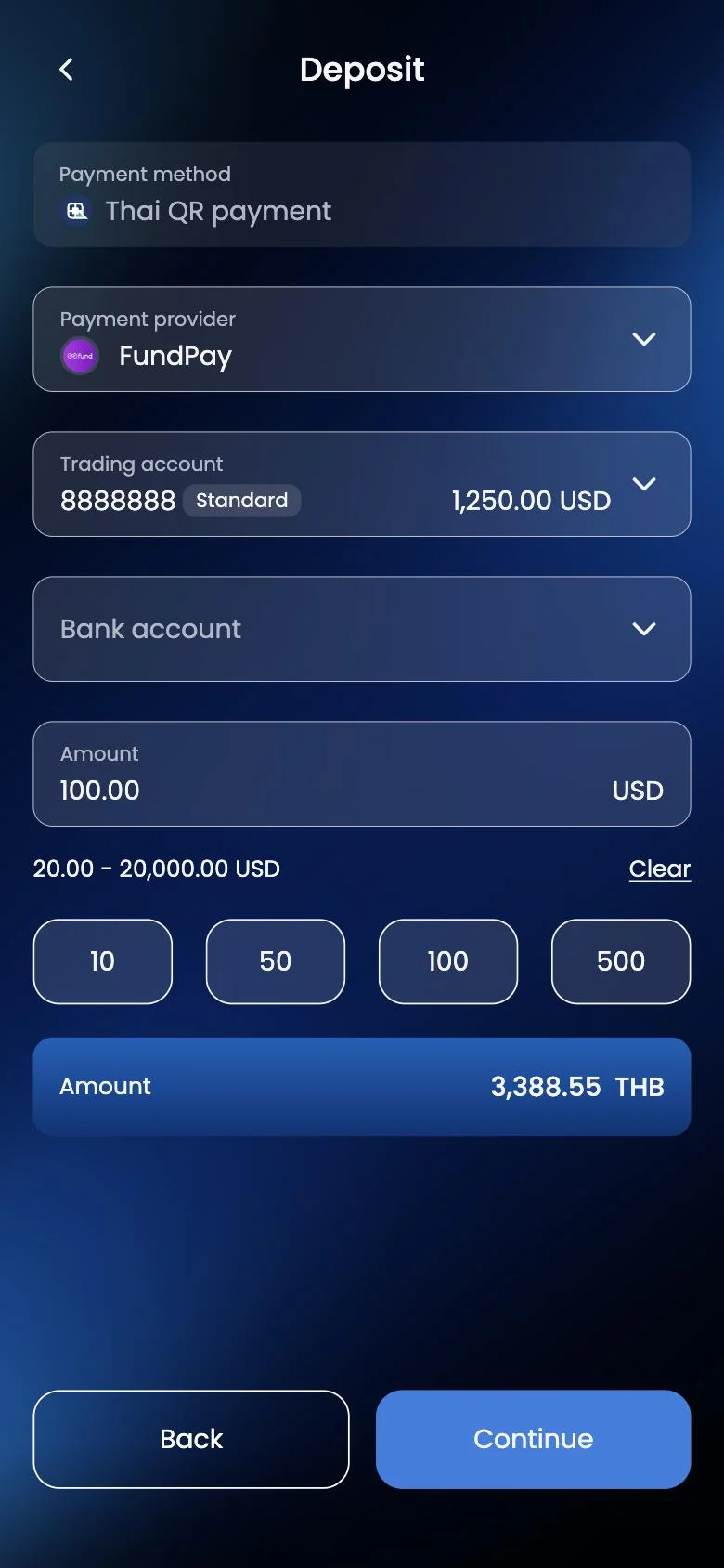 หน้าจอจริงของระบบ OTG: ฟอร์มฝากเงินผ่าน Thai QR ระบุ 100 USD พร้อมแสดงยอดเงินบาท